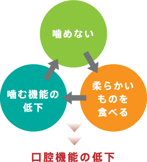 噛めない→柔らかいものを食べる→噛む機能の低下＝口腔機能の低下